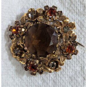 Vintage  Brooch Smoky Glass Center & Rhinestones Floral Design‎ 2" Austria